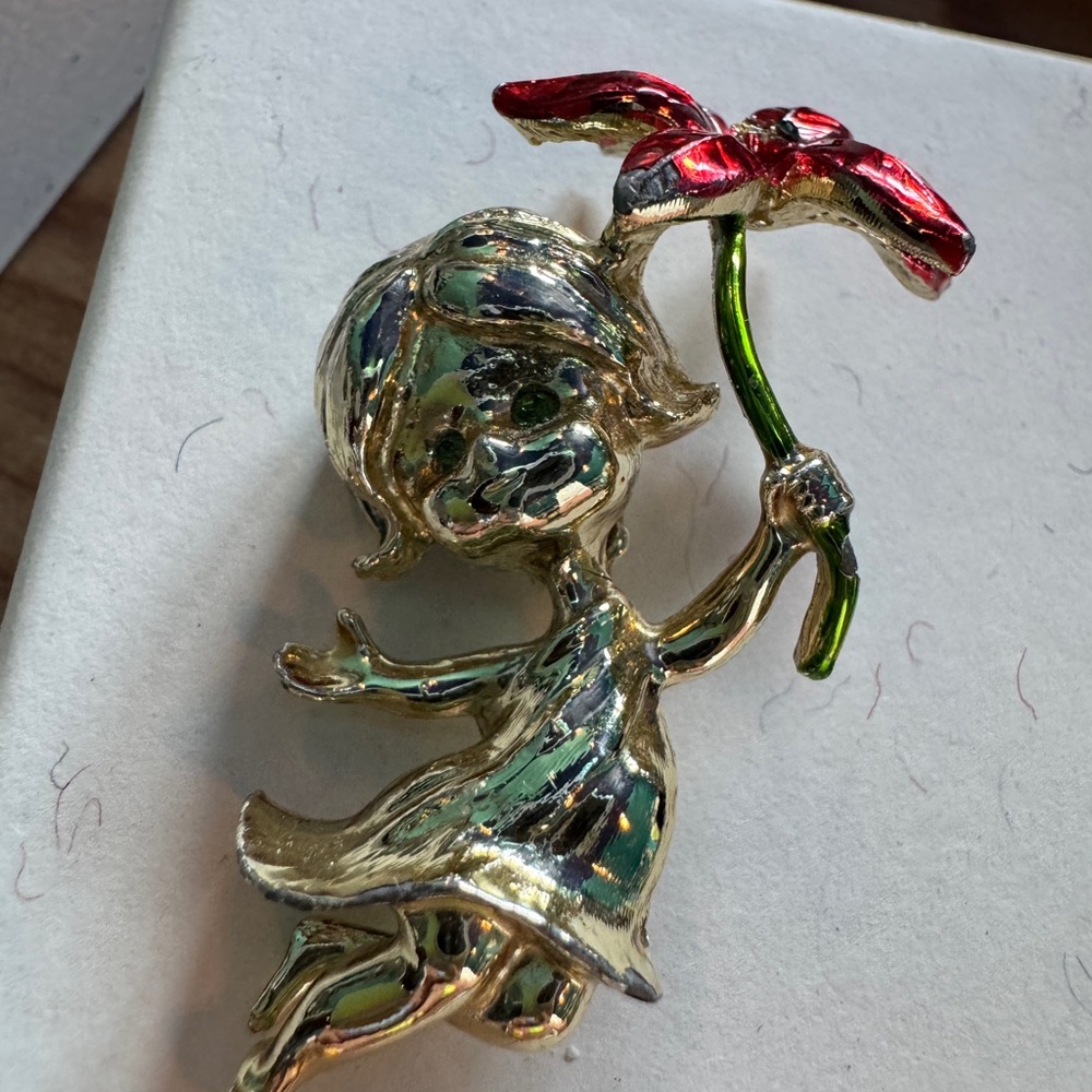 Vintage Gold and Red Girl with flower Brooch